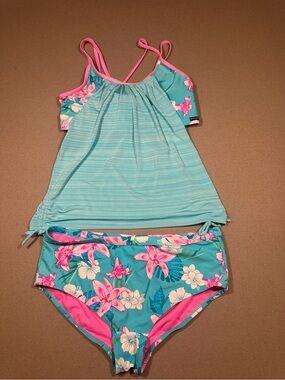 Turquoise & Pink Floral Tankini Two-Piece Swimsuit zero exposure girls xl